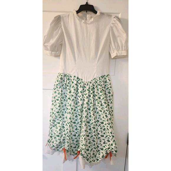 Vintage Green St. Patrick's Day Irish Shamrock Girl's Prairie Dress Puff Sleeves - Picture 12 of 15